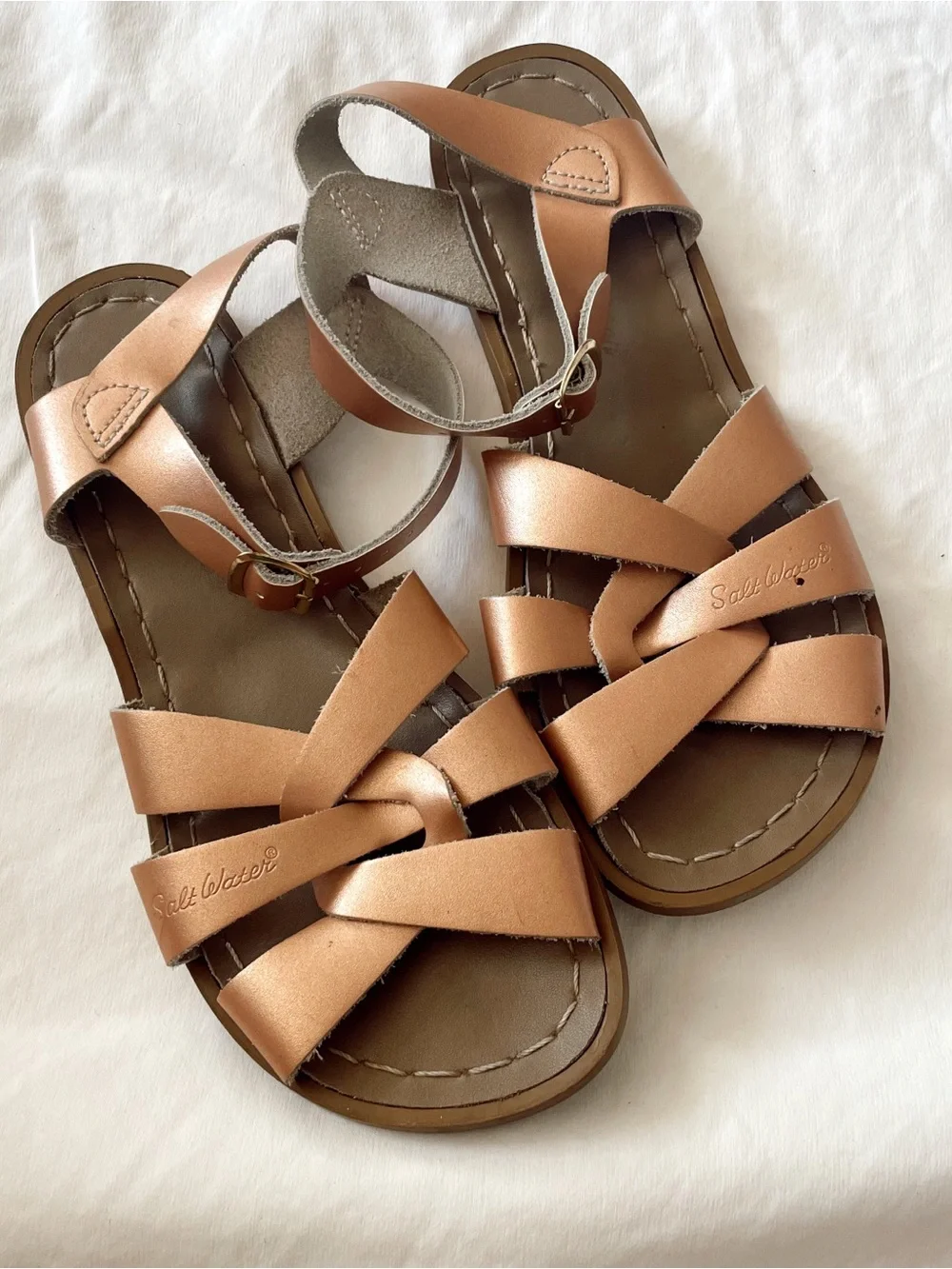 SALT WATER Sandals Hoy Fisherman Rose Gold Leather Buckle Mary Jane Strappy